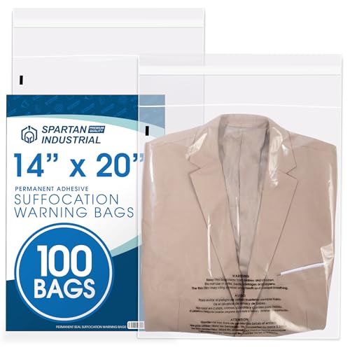 Spartan Industrial - 14” X 20” (100 Count) Self Seal Clear Poly Bags with Suffocation Warning for Packaging, Clothes & Shipping - Permanent Adhesive - size: 14" X 20"