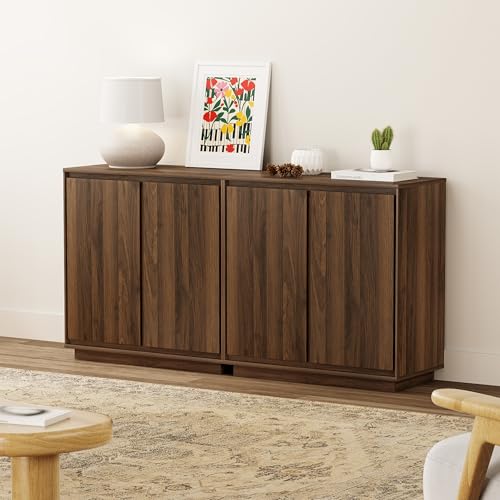 Buffet Storage Cabinet Set of 3, Sideboard Accent Cabinet with Adjustable Shelves and Handless Design, Credenza, Console Table for Living Room, Brown