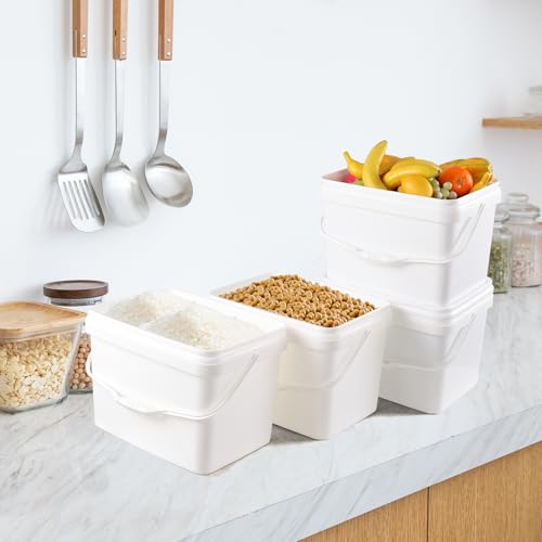 Readsky 5.2 Gallon White Plastic Food Storage Bucket with Lid – BPA-Free, Stackable, Leak-Proof Rectangular Container with Handle (4-Pack)