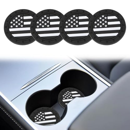 4PCS Car Cup Coasters, 2.75 Inch Universal American Flag Cup Holder Coasters for Car Accessories, Non-Slip Silicone Anti-Shock Drinking Mats for Trucks, Cars, RVs and SUVs (Black)