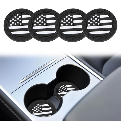 4PCS Car Cup Coasters, 2.75 Inch Universal American Flag Cup Holder Coasters for Car Accessories, Non-Slip Silicone Anti-Shock Drinking Mats for Trucks, Cars, RVs and SUVs (Black)