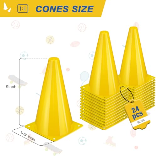 24pcs Cones 9 Inch Soccer Cones and Plastic Traffic Cones, Durable Cones for Sports Training, Ideal for Soccer, Basketball, Football, Skating, and Agility Drills Practice - color: yellow