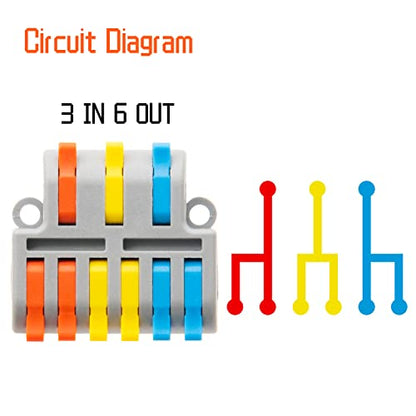5Pcs Lever Wire Connectors, 3 in 6 Out Quick Wiring Cable Electrical Connector for 24-12 AWG