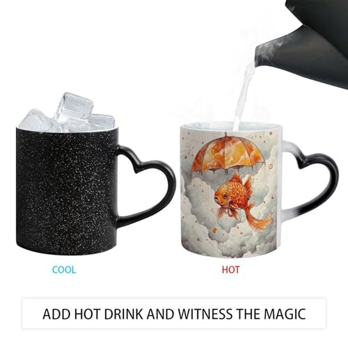 Fish Umbrella Color Changing Mug Heat Sensitive Coffee Mug Magical Ceramic Coffee Cup Personalized Tea Cup Message Appears As It Heats Novelty Gift for Family Friend
