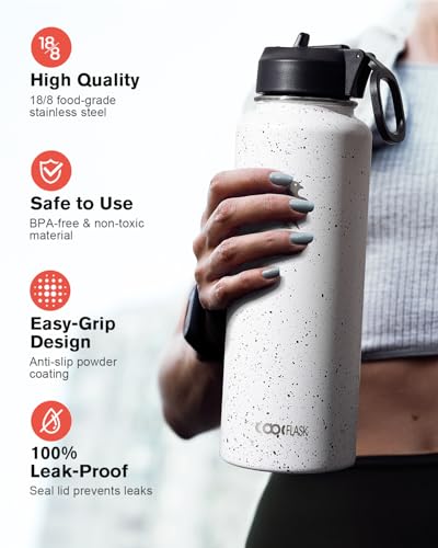 Coolflask 40 oz Water Bottle Insulated with Straw & 3 Leakproof Lids - color: Arctic White, size: 40 Ounces