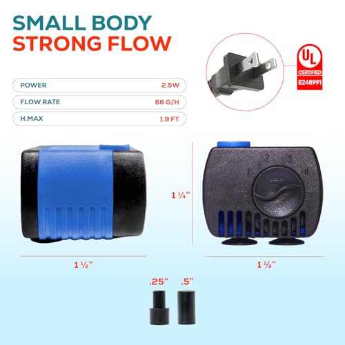 Aqua Dream 66 GPH Submersible Pump - 2.5W Adjustable Ultra Quiet Water Pump for Aquariums and Fountains, 1.9ft Max Lift, Indoor/Outdoor Hydroponic Fish Tank Pump - 1 Pc
