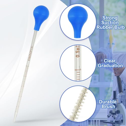 PATIKIL Graduated Dropper Pipettes Kit, 3 Pcs 0.5ml Borosilicate Glass Pipette with Blue Rubber Cap and Brush for Transfer Liquid for Lab, Chemistry, Clear - size: 0.5ml