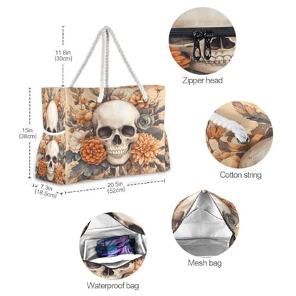 senya Large Beach Bags Totes Canvas Tote Shoulder Bag Soft Wave Water Resistant Bags for Gym Travel Daily Ocean - color: Skeleton Flower