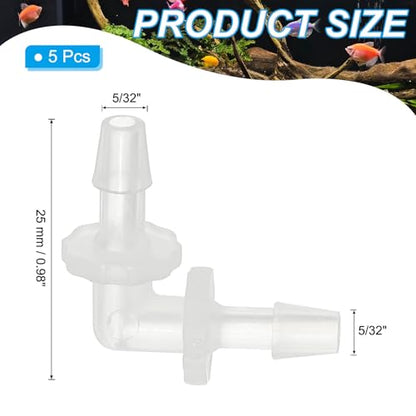 PATIKIL 5/32" Plastic Hose Barb 90 Degree Elbow, 5 Pack L-Barb Fittings 2 Way Equal Barbed Joint Connector Splicer Mender Hose Adapter Union Adapter for Aquarium Fuel Gas Liquid Air