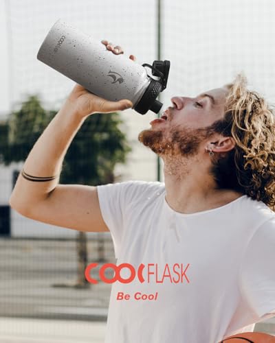 Coolflask 32 oz Water Bottle Insulated with Straw & 3 Leakproof Lids - color: Arctic White, size: 32 Ounces