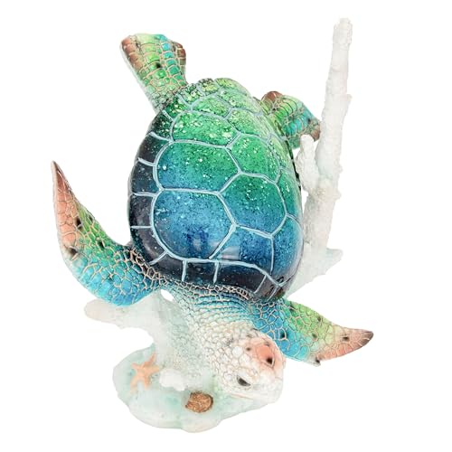 Sea Turtle Diving Figurine with Coral Reef Base - Ocean Inspired Coastal, Beach & Nautical Home Decor - Tabletop Nautical Room Accents (12"x10"x 8") - color: Ombre Teal