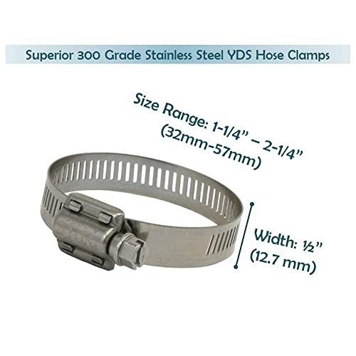 All 300 Grade Stainless Steel High Torque Hose Clamp, Worm-Drive, SAE Size 28, 1-1/4" to 2-1/4" Diameter Range, 1/2" Bandwidth (Pack of 10)