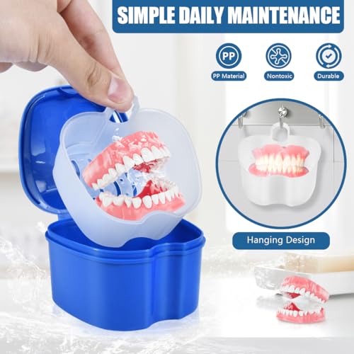 KISEER 3 Pack Colors Denture Bath Case Cup Box Holder Storage Soak Container with Strainer Basket for Travel Cleaning (White, Blue, Light Blue) - color: White, Blue, Light Blue
