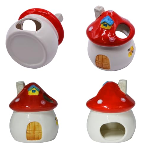 AnRui Aquarium Decoration Ceramic Fish Tank Hideout Cave Cute Mushroom Aquarium Décor Thematic Ornaments for Cichlid, Small Fish, Shrimp to Play Hide Breed Habitat, Red