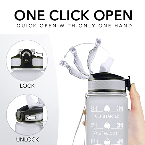 Hyeta Water Bottle with Straw & Time Marker, Plastic 32oz Leakproof - color: Gray-Black