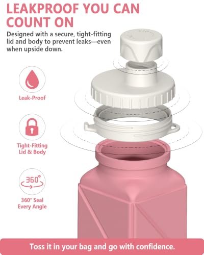 BEAUTAIL Collapsible Water Bottles 21oz/610mL, Silicone Travel Water Bottle | BPA Free, Leakproof & Reusable, Foldable Water Bottle for Traveling, Hiking, Gym, School, Sports, Outdoor, 1-Pack, Pink - color: Pink