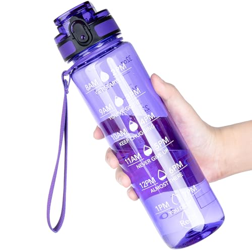 OLDLEY Water Bottle, 32oz Motivational Sports Water Bottle with Time Marker - Times to Drink - Tritan, BPA Free, Wide Mouth Leakproof,Deep Purple - color: Deep Purple, size: 32 Ounces