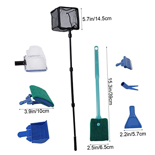 Aquarium Durable Fish Tank Tools Kit with Gravel Rake Scraper Plant Fork Sponge Brush Net for Easy Aquarium Maintenance Green