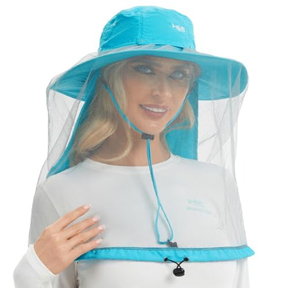 BASSDASH UPF 50+ Mosquito Sun Hat with Hidden Head Net and Neck Flap for Men Women Outdoor Fishing Hiking Camping - color: Light Sky Blue