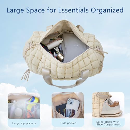 Quilted Gym Bag for Women,Duffle Bag for Travel with Wet Pocket,Carry on Weekender Bags for Women,Travel Bag with Shoe Compartment(Beige) - color: Beige