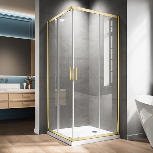 Corner Shower Enclosure 34" L X 34" W X 76" H. Double Corner Sliding Shower Door With 1/4 In Nano-Coated Tempered Glass,Shower Glass Doors In Brushed Gold Hardware Kit for Upgrade Your Bathroom - color: Brushed gold, size: 34"D x 34"W x 76"H
