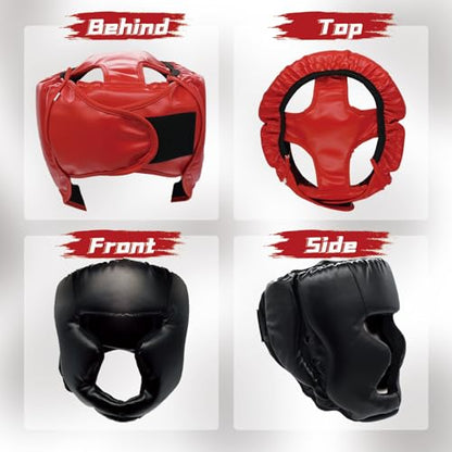 Boxing Gloves and Headgear Set for Adults 2 Pair Gloves and 2 Head Guards - color: BlackRed