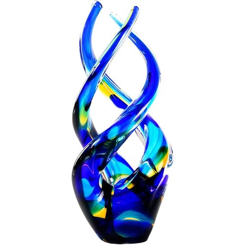 Hand Blown Glass Decor - Cobalt Blue Glass Sculpture - Ocean Theme Spiral Kinetic Figurine, Light Reactive Gradient Decor for Home Office Garden, Ideal Gift for All Occasions
