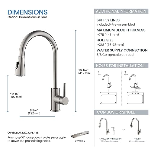 Single Handle Pull Down Kitchen Sink Faucet with Dual Function Sprayer – Solid Brass Construction, High Arc 360 Degree Swivel Spout Kitchen Faucet, Easy-Clean Nozzles (Brushed Nickel, F102)