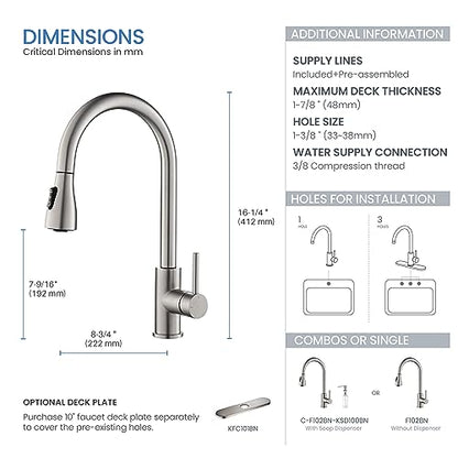 Single Handle Pull Down Kitchen Sink Faucet with Dual Function Sprayer – Solid Brass Construction, High Arc 360 Degree Swivel Spout Kitchen Faucet, Easy-Clean Nozzles (Brushed Nickel, F102)
