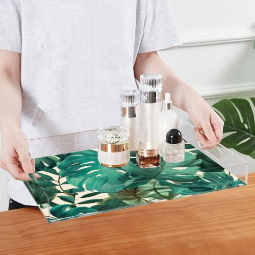 Acrylic Tray Clear Serving Vanity Ottoman Bathroom Coffee Table Countertop Organizer Raised Edge Spill Proof Green Retro Palm Leaves - color: Green Retro Palm Leaves