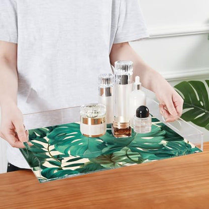 Acrylic Tray Clear Serving Vanity Ottoman Bathroom Coffee Table Countertop Organizer Raised Edge Spill Proof Green Retro Palm Leaves - color: Green Retro Palm Leaves