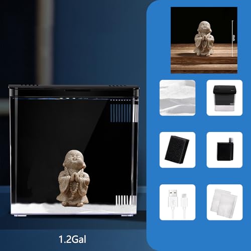 1.2Gallon Small Fish Tank Office USB Aquarium LED Light with Filter (Include Sand and Tiny Buddha) for Small Fish and Shrimp
