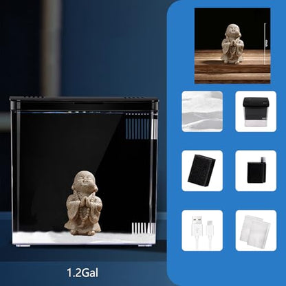 1.2Gallon Small Fish Tank Office USB Aquarium LED Light with Filter (Include Sand and Tiny Buddha) for Small Fish and Shrimp