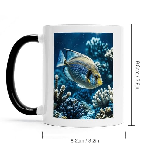 Ocean Fish Ceramic Coffee Mug 11oz with Black Handle Colored Inside Thick Non-Slip Base Heat Transfer Friendly Tea Cup Ideal for Hot Drinks Home Office And Gifting