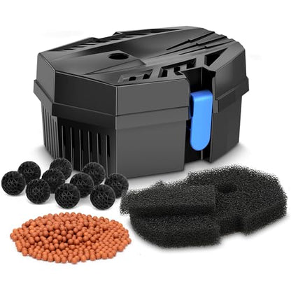 Small Pond Filter Box - Pond Filter with Bio-Balls & Ceramic Rings, Submersible/Fountain Pump Compatible for Koi Ponds, Garden Fountains & Aquariums (No Built-in Pump)