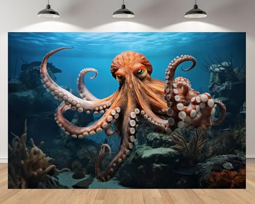7x5ft Octopus Backdrop Underwater Coral Reef Blue Ocean Background for Marine Themed Party Birthday Aquarium Event Halloween Decor Photo Studio Booth Props Banner Wallpapers - size: 7x5FT