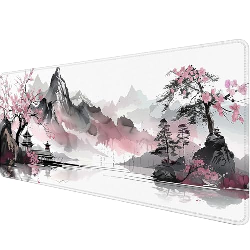 Cherry Blossom Desk Mat Gaming Mouse Pad Pink Watercolor Japanese Extended Gaming Mat with Stitched Edge Non-Slip Base Big Office Computer Keyboard Laptop Home 31.5"x11.8" - color: Cherry Blossom_016, size: 11.8" x 31.5"