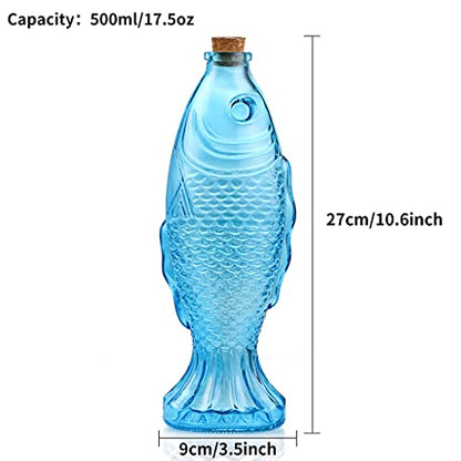 3-Pack Fish Shaped Glass Bottles, Decorative Bottles with Cork Stopper, Fish Decanters for Gift, Bar, Home Decor, Capacity 500ml/17.5oz (Blue)