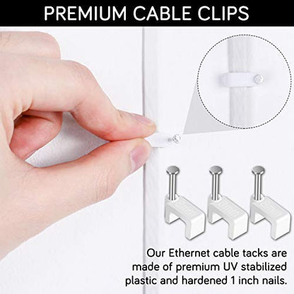 Cable Clips - CableGeeker 100 Pieces Ethernet Cable Clips with Nails 8mm Cord Holder for Cat6 Cat7 Flat Ethernet Cable (White)
