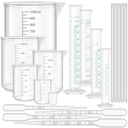 23Pcs Graduated Cylinders Beakers Set 6 Clear Plastic Graduated Cylinders 25/50/100/250/500/1000ml 4 Plastic Beakers 10/25/50/100ml with 8 Plastic Droppers and 5 Stirring Rod