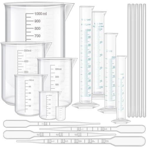23Pcs Graduated Cylinders Beakers Set 6 Clear Plastic Graduated Cylinders 25/50/100/250/500/1000ml 4 Plastic Beakers 10/25/50/100ml with 8 Plastic Droppers and 5 Stirring Rod