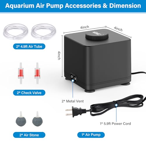 hygger Aquarium Air Pump, Quiet Adjustable Fish Tank Air Pump, 4W/7W/11W Powerful Oxygen Aerator Dual Stainless Steel Outlets with Air Stone Bubbler for Small Medium Large Fish Tank, Hydroponic - size: 4W(Tank Up to 120 Gallon)