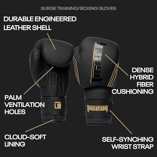 Tigear Surge Pro Boxing Gloves for Men Women & Kids | Engineered Leather Muay Thai Gloves, MMA Gear, Kickboxing Heavy Bag Training and Sparring - color: Black/Gold, size: 14 oz