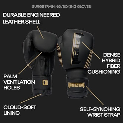 Tigear Surge Pro Boxing Gloves for Men Women & Kids | Engineered Leather Muay Thai Gloves, MMA Gear, Kickboxing Heavy Bag Training and Sparring - color: Black/Gold, size: 12 oz