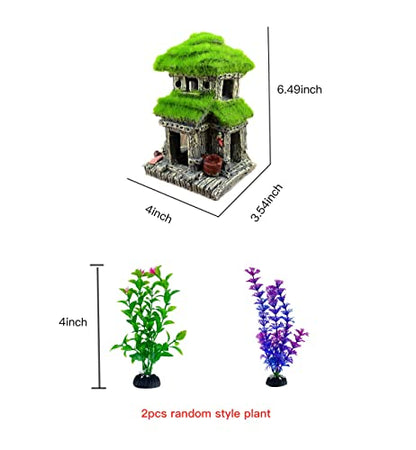 Fish House - Aquarium Decoration with Lifelike Moss, Comes with 2x Artificial Plants