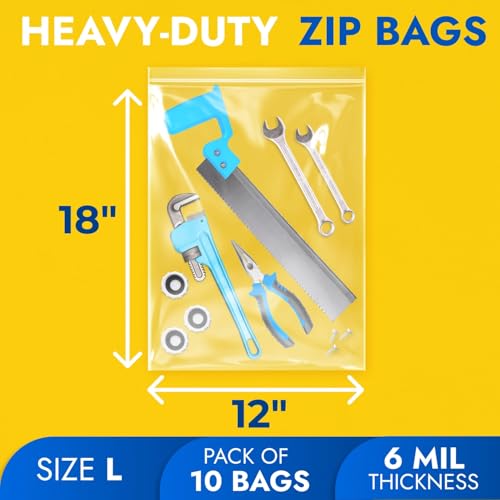 12" x 18" Reclosable Plastic Zip Bags, Pack of 10, 6 Mil Heavy-Duty Clear Poly Bags, Resealable for Food, Clothes, Hardware, Jewelry - size: 12"W x 18"H