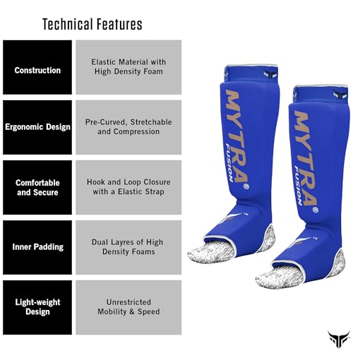 Mytra Fusion Shin Pads Instep Protector Kick Boxing Muay Thai Training Elasticated shin Guards - color: Blue, size: Small-Medium