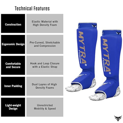 Mytra Fusion Shin Pads Instep Protector Kick Boxing Muay Thai Training Elasticated shin Guards - color: Blue, size: Small-Medium