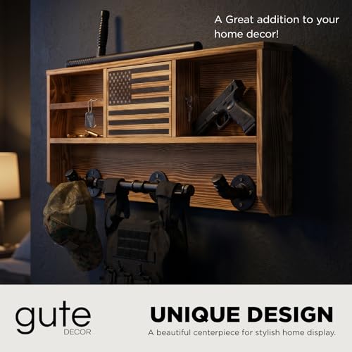 GUTE Police Wall Mounted Tactical Duty Gear Rack with Blue American Flag | First Responder Storage Shelf & Organizer for Policemen, Law Enforcement Holder | Gift Décor - style: Rack with Storage Lock