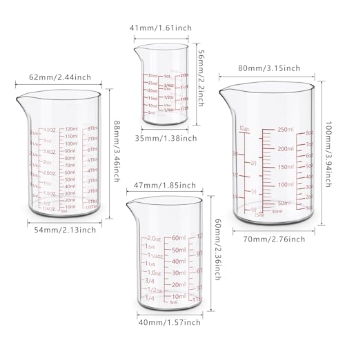 Measuring Cup Set 30ml L(1oz), 60ml (2oz), 120ml (4oz), 250ml (8oz), 4 Piece Glass Liquid Measuring Beakers, High Borosilicate Glass Measuring Cup, V-Shaped Spout